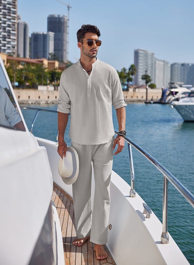 COOFANDY Men's 2 Pieces Cotton Linen Set Long Sleeve Henley Shirts Casual Beach Pants With Pockets Summer Yoga Outfits - Image 2